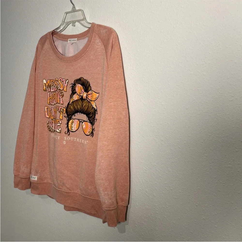 Simply Southern Messy Hair Don’t Care Fleece Sweatshirt Sz M Relaxed Fit Peach - Picture 5 of 12